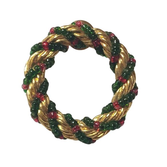 Jewelry - Vintage Wreath Pin Brooch Gold Tone & Beads Green Red Christmas Holiday